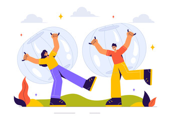 Fototapeta premium Zorbing Vector Illustration featuring People Enjoying Bubble Bump Games on a Green Field in a Fun and Playful Flat Cartoon Style background
