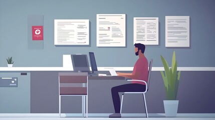 Man Working at a Computer in a Modern Office