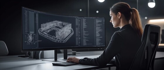 A digital twin developer creates a virtual factory simulation displayed on a curved ultrawide monitor, showcasing real-time IoT data and synchronization metrics in a modern workspace