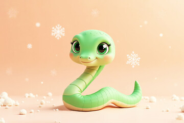 Fototapeta premium cute cartoon 3d snake, symbol of 2025 new year, on pastel background with white snowflakes