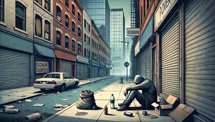 Obraz premium A lone figure stands in a littered urban street, facing the impacts of economic crisis. Economic crisis background