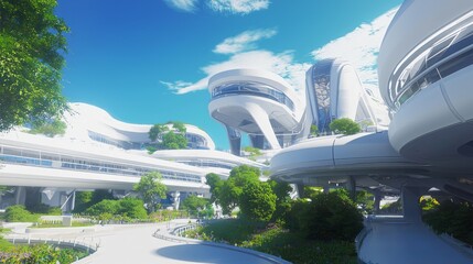 Futuristic University Campus of Tomorrow - Ultra-Detailed 3D Render with Dynamic Buildings and Lush Greenery under Bright Blue Sky