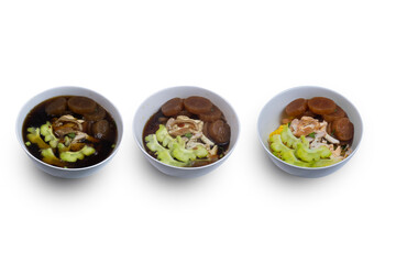 Three bowls of chicken noodles in a white cup on a white background,with clipping path
