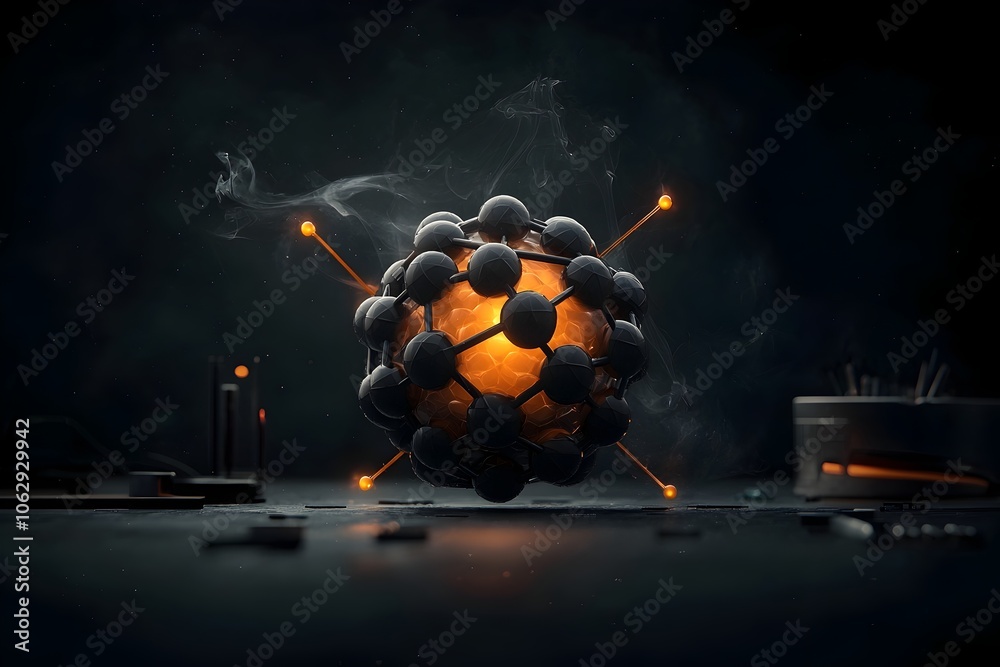 Poster a captivating abstract visual representation of a complex spherical molecule with interlocking eleme