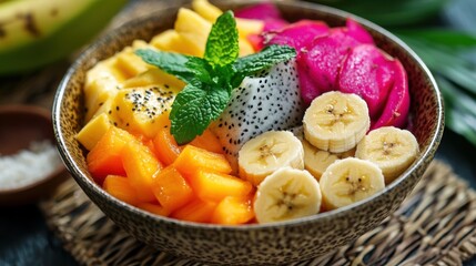 A refreshing and vibrant bowl of mixed tropical fruits, including bananas,