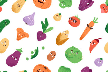 Fototapeta premium Endless background with funny vegetable characters. Repeatable pattern of different cute farm food with happy, sad faces. Comic childish veggies with emotions. Flat seamless vector illustration