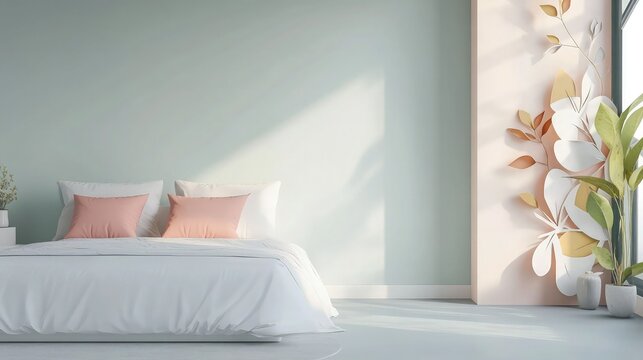 A contemporary bedroom with a clean white bed, soft pastel walls, and an empty corner highlighted by paper-cut layers, adding a sense of depth and calmness.