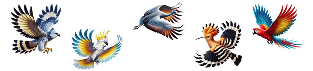Obraz premium Set of tropical and wild birds in flight isolated on transparent background