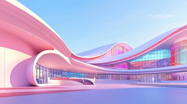 Futuristic Retro Convention Center with Colorful Facades and Expansive Interior Spaces | 3D Render Ultra-Detailed Illustration