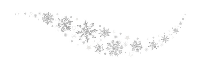 Snowflakes with Stars Border in wave shape. A winter themed Vector illustration with dark silver. Snowflakes garland. Christmas decoration.