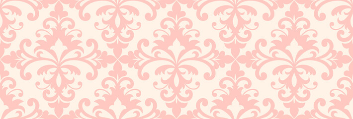 Fototapeta premium Vintage pink damask seamless pattern on beige background, perfect for wallpaper, textile, invitations, backgrounds, and decor projects