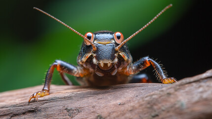 Fototapeta premium Close up macro shot of vibrant insect on wooden surface, showcasing intricate details and vivid colors. image captures natural beauty and unique features of insect