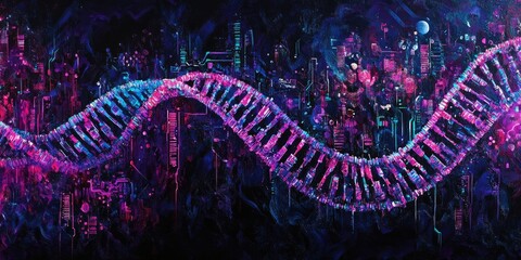 DNA strand intricately woven with electric circuitry rests on a dark, textured background, accented by vibrant neon highlights, giving a striking visual impression.