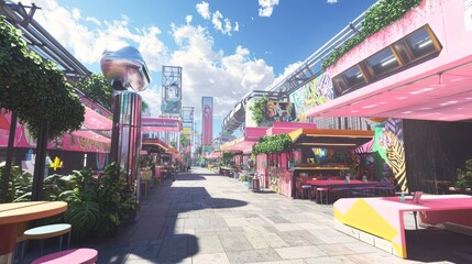 Obraz premium Futuristic Retro Food Market with Colorful Stalls and Vibrant Outdoor Seating Amid Artistic Murals and Greenery - 3D Render Illustration