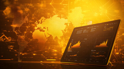 The image depicts a laptop displaying financial charts and graphs set against a backdrop of a luminous golden world map. This composition suggests a global perspective on financial analysis and market