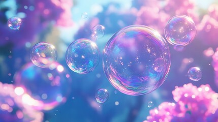 Floating fragile soap bubbles create a sense of summer joy, captured in a vector illustration. The delicate soap bubbles dance in the air, bringing a playful atmosphere to the scene.