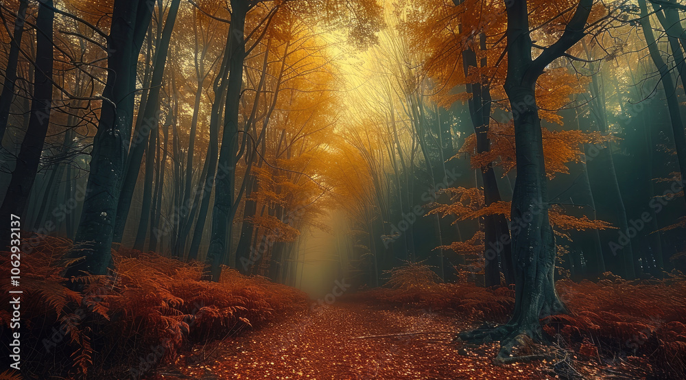 Poster deep within a lush forest in autumn, dark.