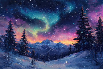 Breathtaking Night Sky with Northern Lights Over Snowy Mountain Landscape