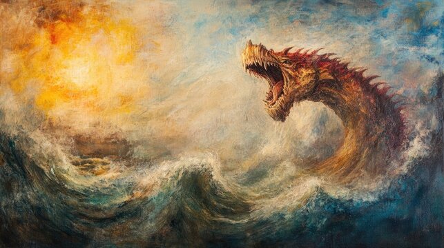 Kosher canvas depicts the Leviathan, the mythical monster from the Hebrew Bible, illustrating its grandeur and symbolism. The composition offers ample space for text or design elements.