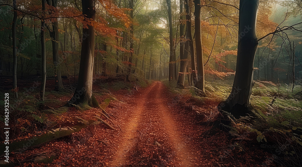 Poster deep within a lush forest in autumn, dark.