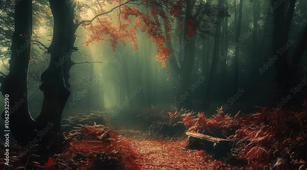 Poster deep within a lush forest in autumn, dark.