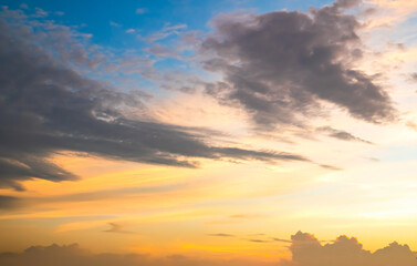 Sky sunset evening background sunrise dusk cloud dramatic orange twilight red warm sunny dawn sunshine romantic calm nature, cloudscape summer autumn spring scene, environment ecosystem energy.