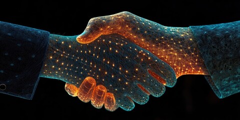 A corporate executive engages in a handshake. An ethereal hologram represents global business. The partnership symbol features a seamless pattern inspired by Moroccan design.
