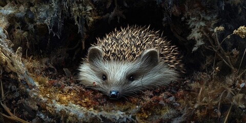 Hedgehog perfectly blends into its surroundings through effective camouflage, enabling it to remain hidden and safe within its environment.