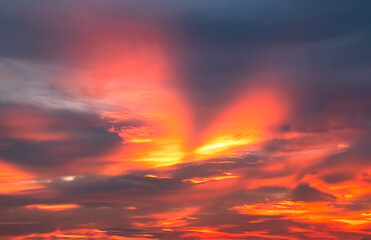 Sky sunset evening background sunrise dusk cloud dramatic orange twilight red warm sunny dawn sunshine romantic calm nature, cloudscape summer autumn spring scene, environment ecosystem energy.