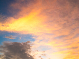 Sky sunset evening background sunrise dusk cloud dramatic orange twilight red warm sunny dawn sunshine romantic calm nature, cloudscape summer autumn spring scene, environment ecosystem energy.