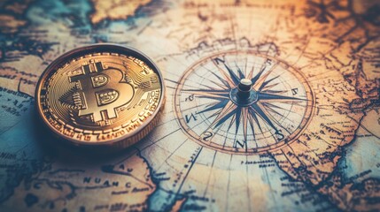 Bitcoin Cryptocurrency Coin on Vintage World Map with Compass
