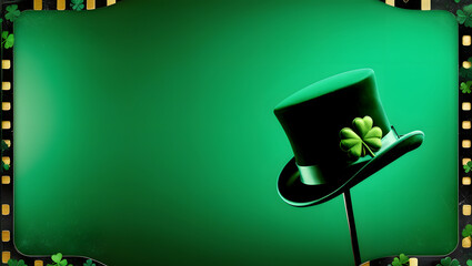 St Partick's day concept, green hat cylinder on a green background, gold elements, space for text, blakc frame 