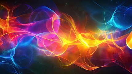 Vibrant glow waves create a captivating abstract pattern on a dark background, providing a colorful and dynamic visual experience with ample space for design elements.