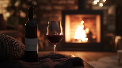 A glass of red wine and a bottle stand out in a cozy winter scene, with a fireplace casting a warm glow. The atmosphere is relaxing and inviting.