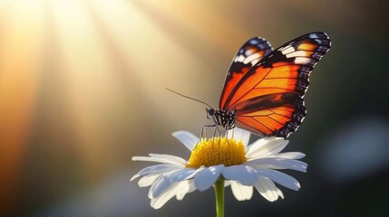 Obraz premium Beautiful Butterfly on White Daisy Flower with Sunlight