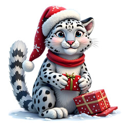 Celebrate the joy of giving with a festive snow leopard embracing holiday spirit, 3d rendering of character design concept.