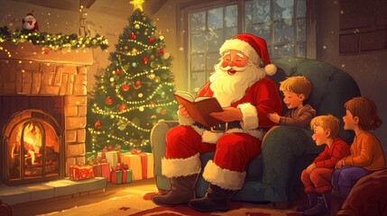 Children listening to Santa Claus telling stories in front of the fireplace
