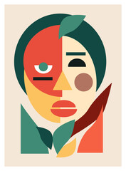Minimalist 20s geometric design poster with stylized face, vector template