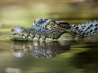Obraz premium A crocodile lurking beneath the surface of a swamp barely visible except for its eyes above the water