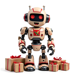 Fototapeta premium A cheerful robot embraces the joy of giving with festive gifts in a modern holiday spirit, 3d illustration of character design concept.