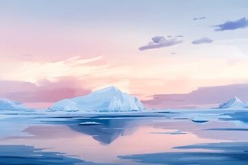 A Snowy Mountain Range Reflects in a Serene Frozen Lake at Sunset