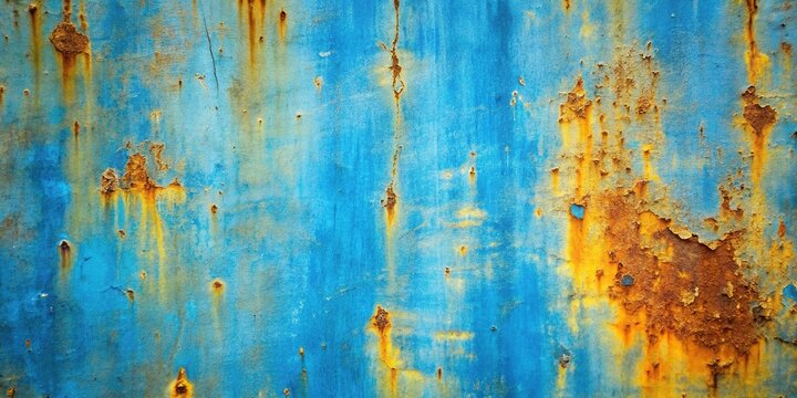 Blue rusted metal surface with yellow and rust oxidation texture