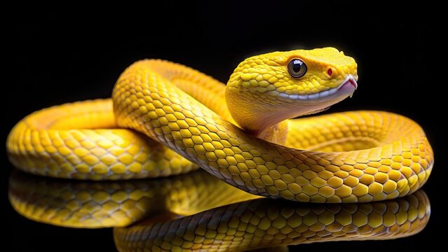 Close up of yellow white lipped pit viper with forced perspective on black background