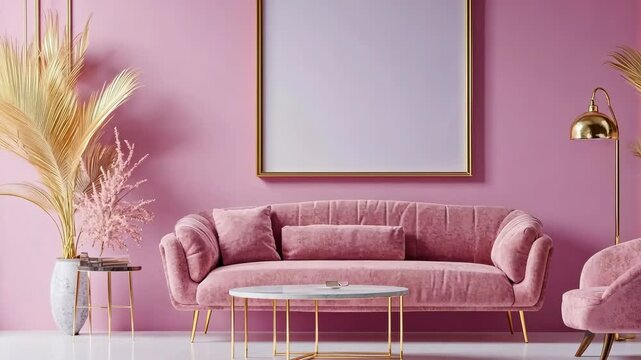 A pink velvet sofa sits in a living room with a golden frame, a floor lamp, and a potted plant