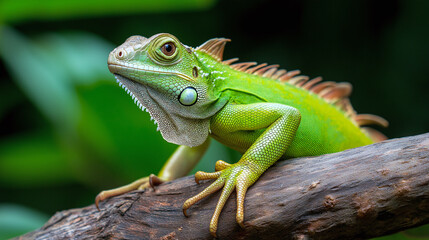 Obraz premium vibrant green iguana perched on branch, showcasing its detailed scales and unique features in lush environment. image captures essence of wildlife