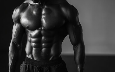 Fitness model showing off perfectly sculpted abs and chest, with close-up focus on the ripped torso and muscular definition, suited for workout and health branding