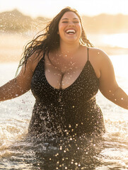 Obraz premium A plus-size woman enjoying the sea, embracing the waves with confidence and freedom