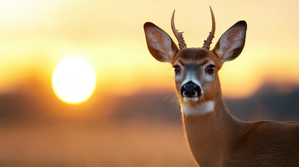 Obraz premium close up of deer with antlers against sunset background, showcasing wildlife beauty and nature tranquility