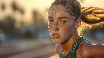 A female athlete in mid-stride on a track, her face showing intense focus and determination, muscles tensed in motion.