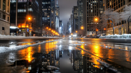 Fototapeta premium Nighttime city street with glowing streetlights reflecting on icy surfaces, creating a stunning winter view